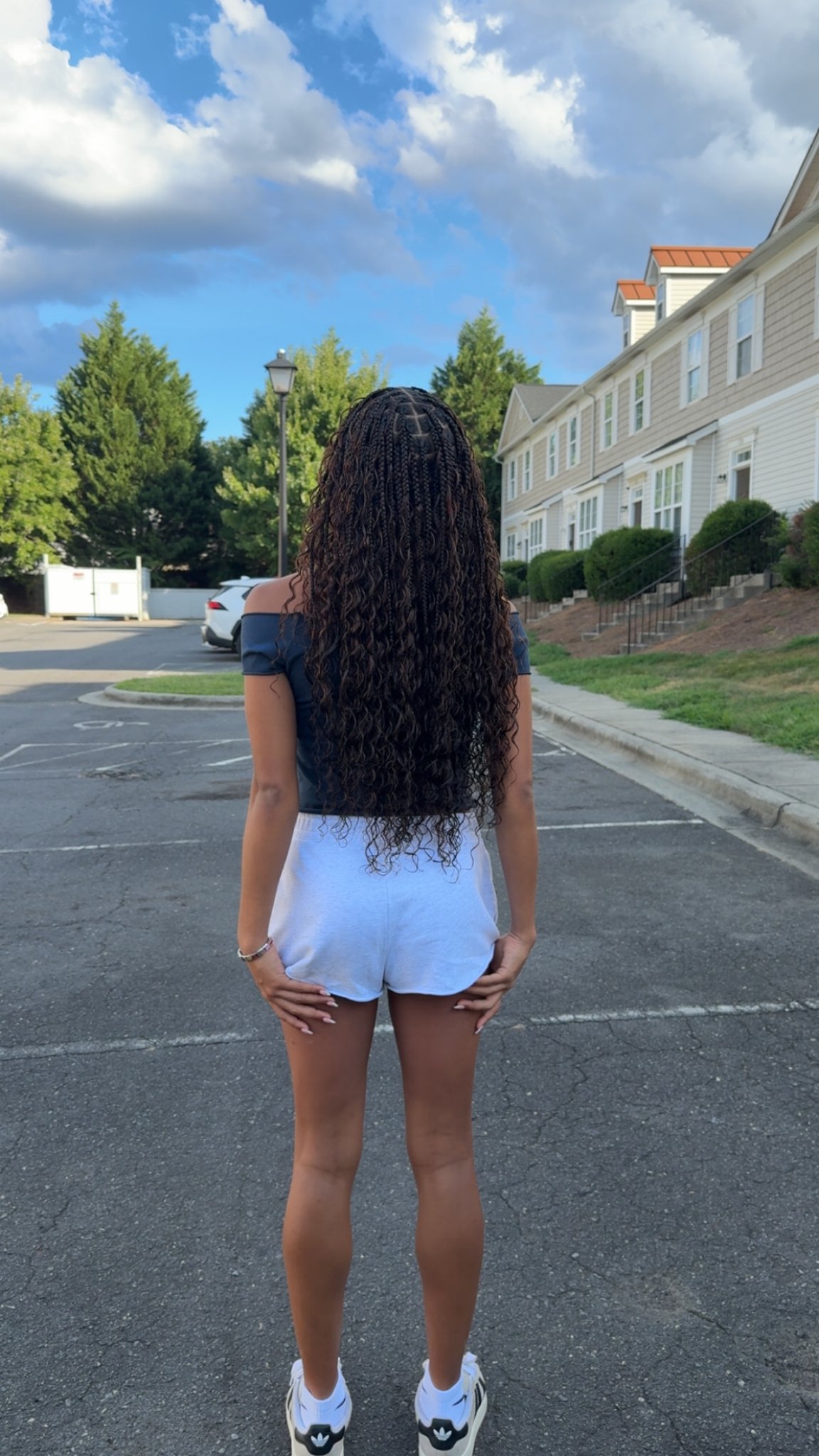 Boho knotless braids, long with curly ends, back view outdoors