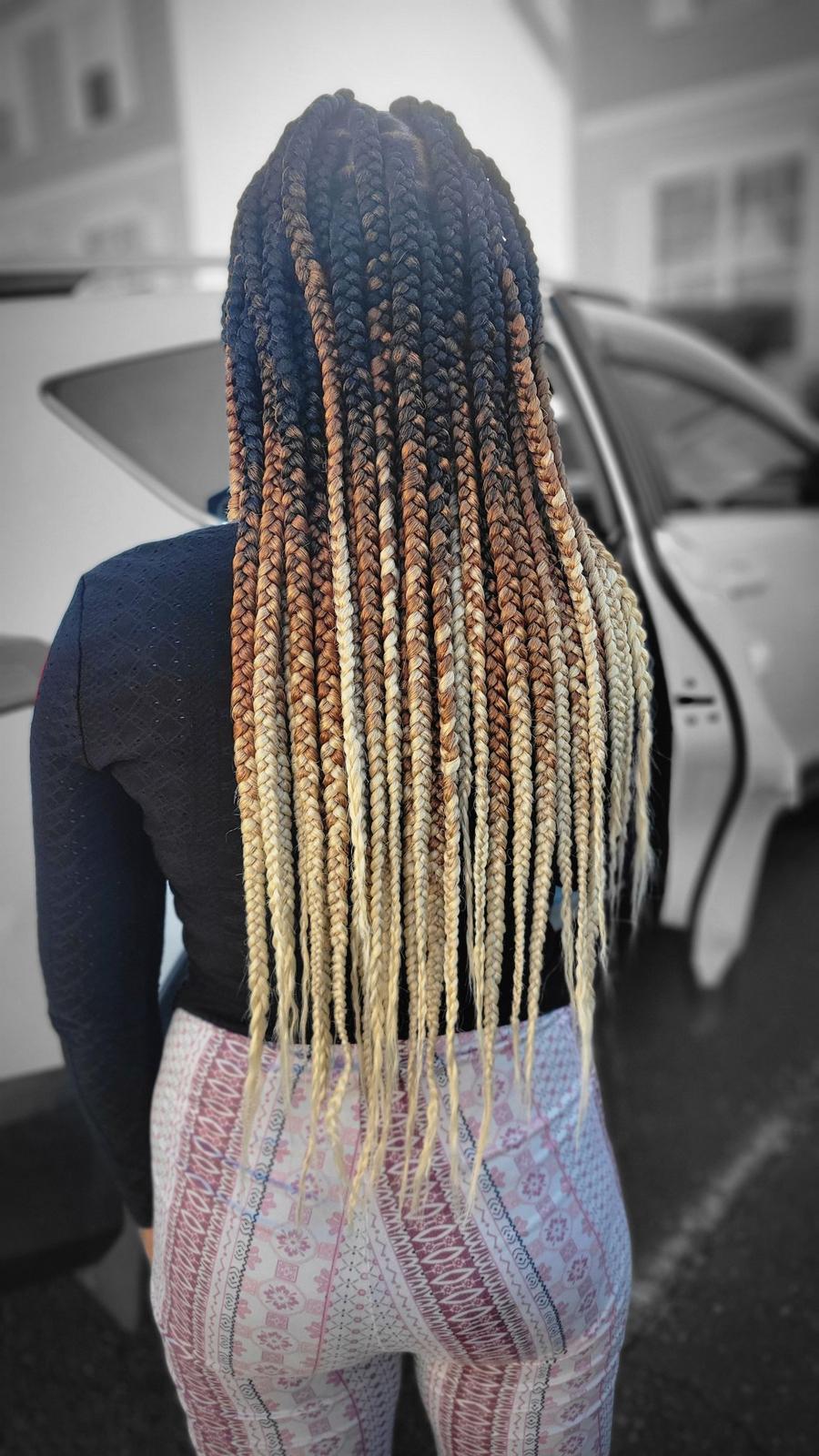 Colored box braids in a dark brown, copper and blonde ombre blend, back view