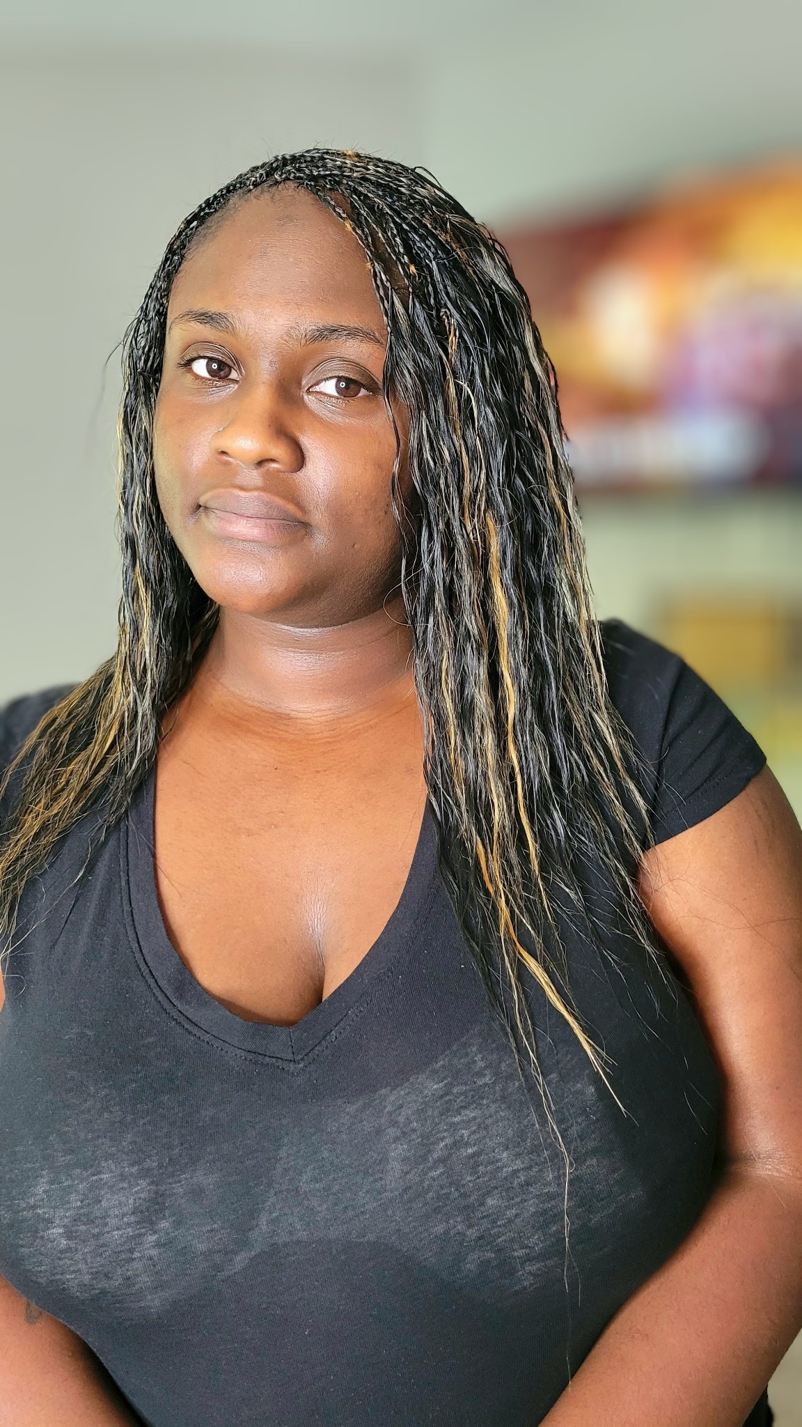 Micro braids with human hair in black with blonde highlights, long and sleek, front view